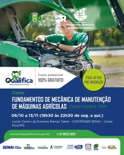 Imagem da notícia Costa Rica abre inscrições para curso gratuito de manutenção de máquinas agrícolas em parceria com o Senai